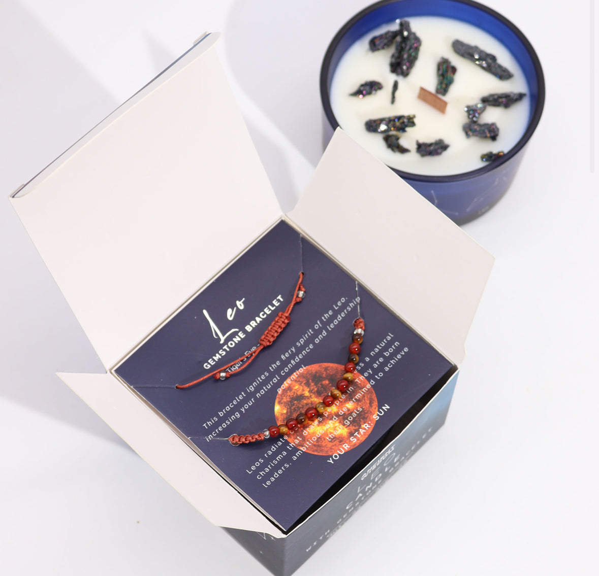 Zodiac Crystal Candle with Gemstone Bracelet - Leo