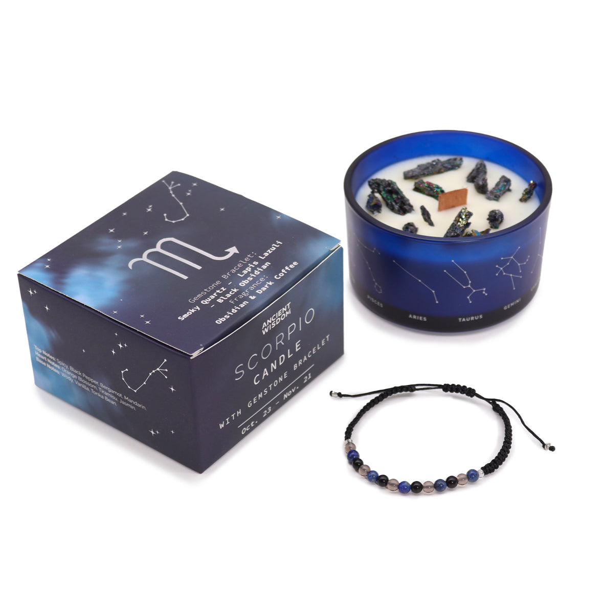 Zodiac Crystal Candle with Gemstone Bracelet - Scorpio