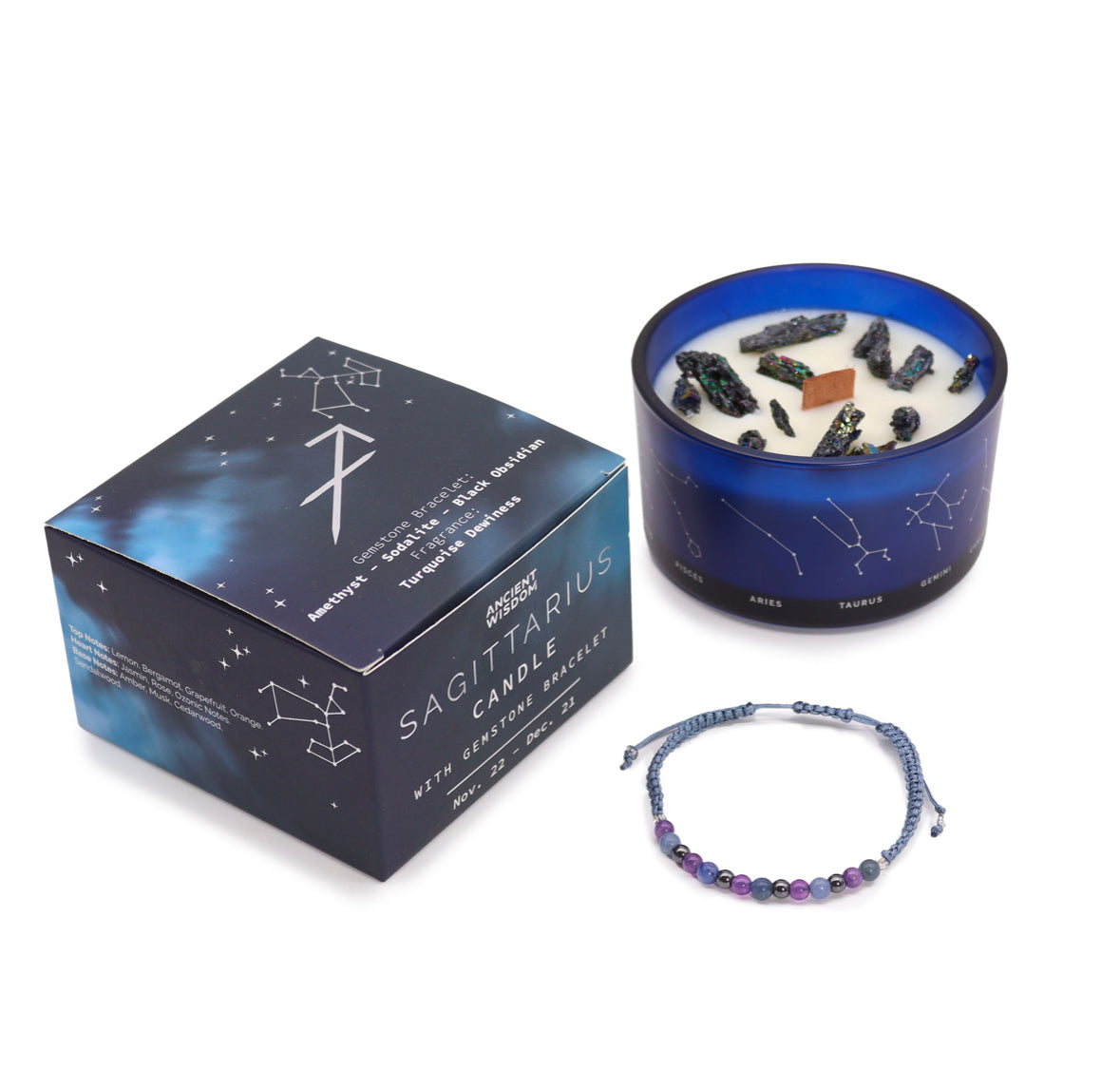 Zodiac Crystal Candle with Gemstone Bracelet - Sagittarius