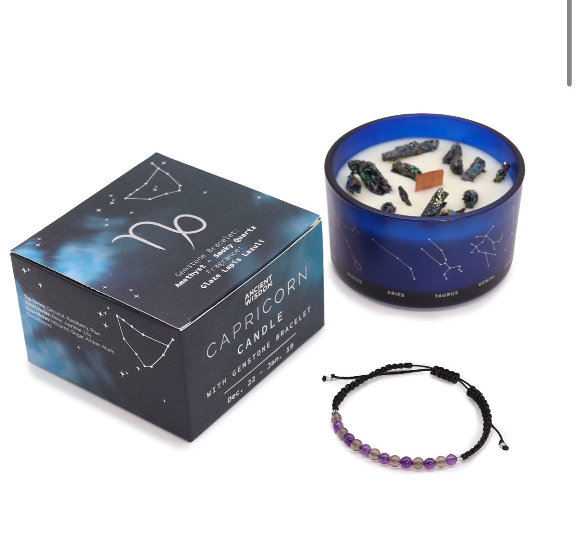 Zodiac Crystal Candle with Gemstone Bracelet - Capricorn