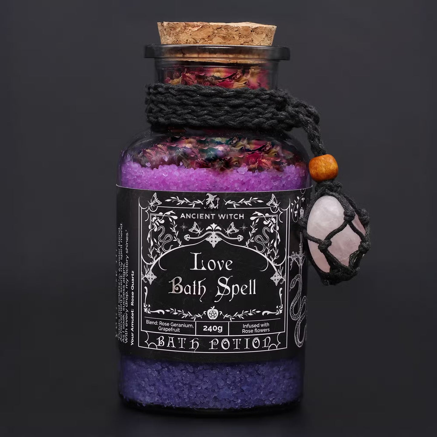 1x Ancient Witch Bath Spell Potion & Rose Quartz Crystal Amulet - Love