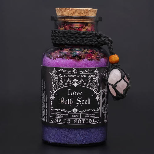 1x Ancient Witch Bath Spell Potion & Rose Quartz Crystal Amulet - Love