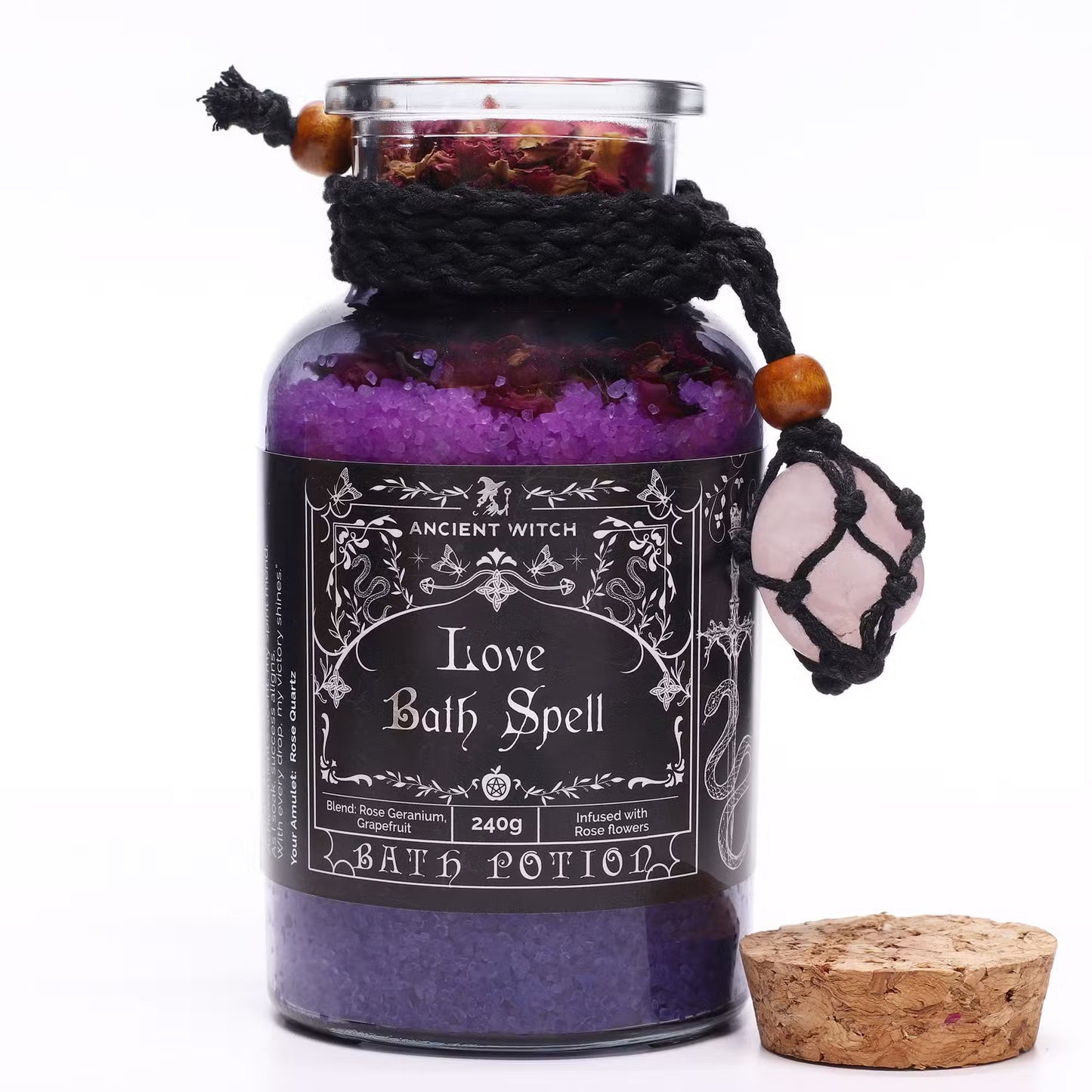1x Ancient Witch Bath Spell Potion & Rose Quartz Crystal Amulet - Love
