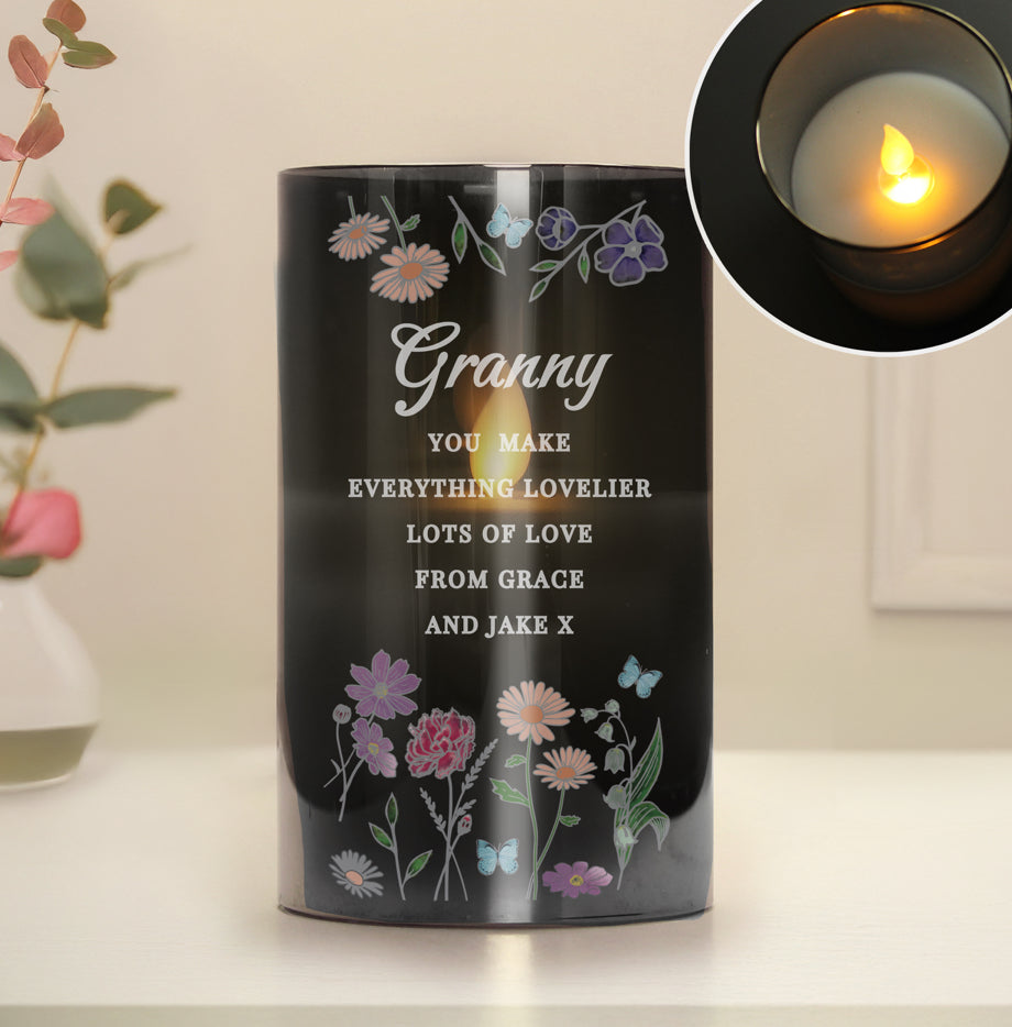 Personalised Wild Flowers Smoked Glass LED Candle