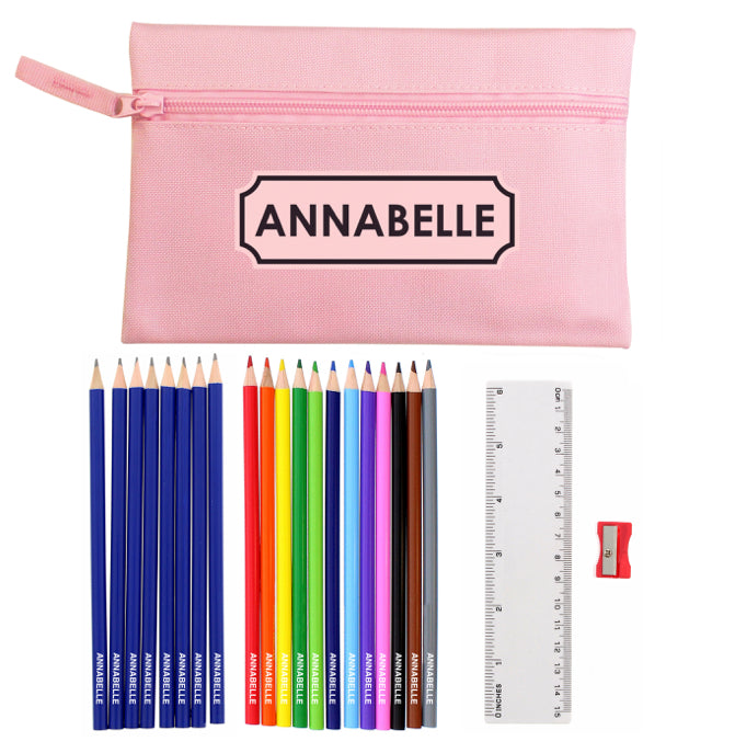 Pink Pencil Case with Personalised Pencils & Crayons