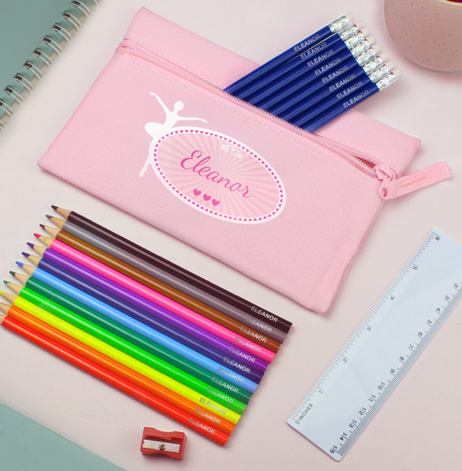 Pink Ballerina Pencil Case with Personalised Pencils & Crayons