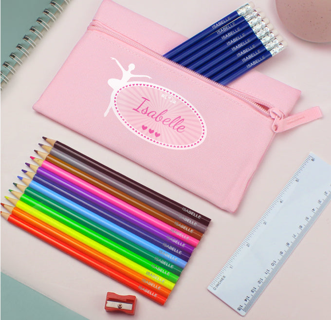 Pink Ballerina Pencil Case with Personalised Pencils & Crayons