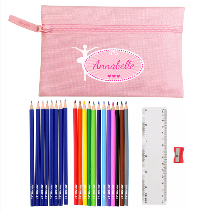 Pink Ballerina Pencil Case with Personalised Pencils & Crayons