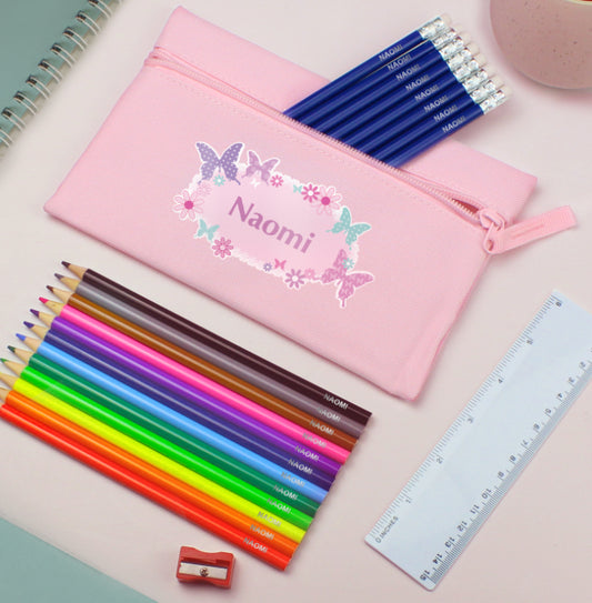 Pink Butterfly Pencil Case with Personalised Pencils & Crayons