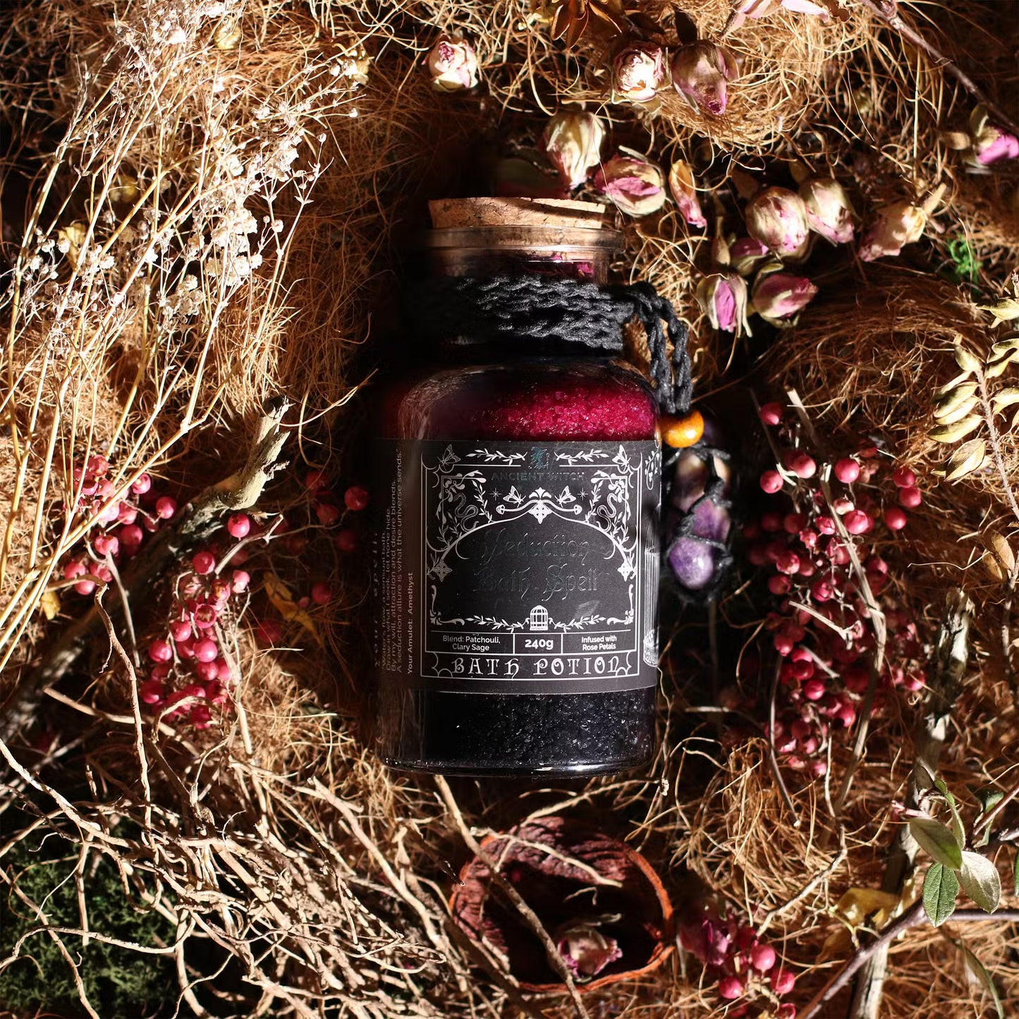 1x Ancient Witch Bath Spell Potion & Amethyst Crystal Amulet - Seduction