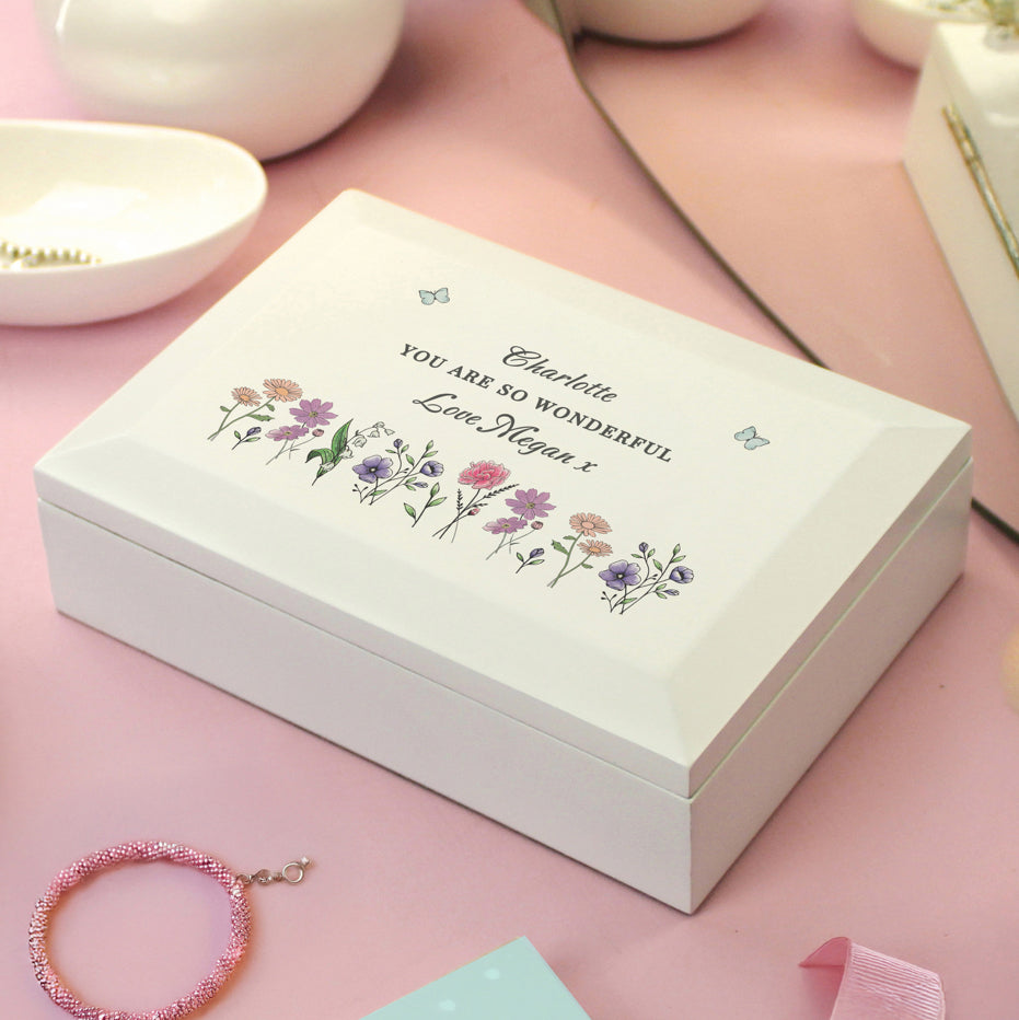 Personalised Wild Flowers Wooden Jewellery Box