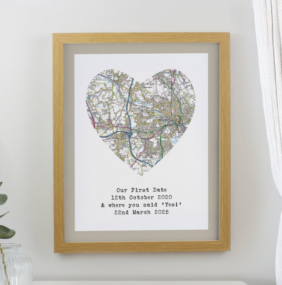 Personalised Present Day Map Heart Oak Poster Frame