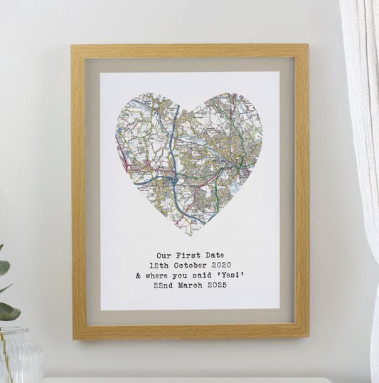 Personalised Present Day Map Heart Oak Poster Frame