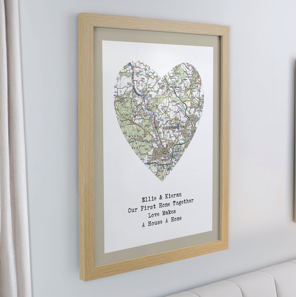 Personalised Present Day Map Heart Oak Poster Frame