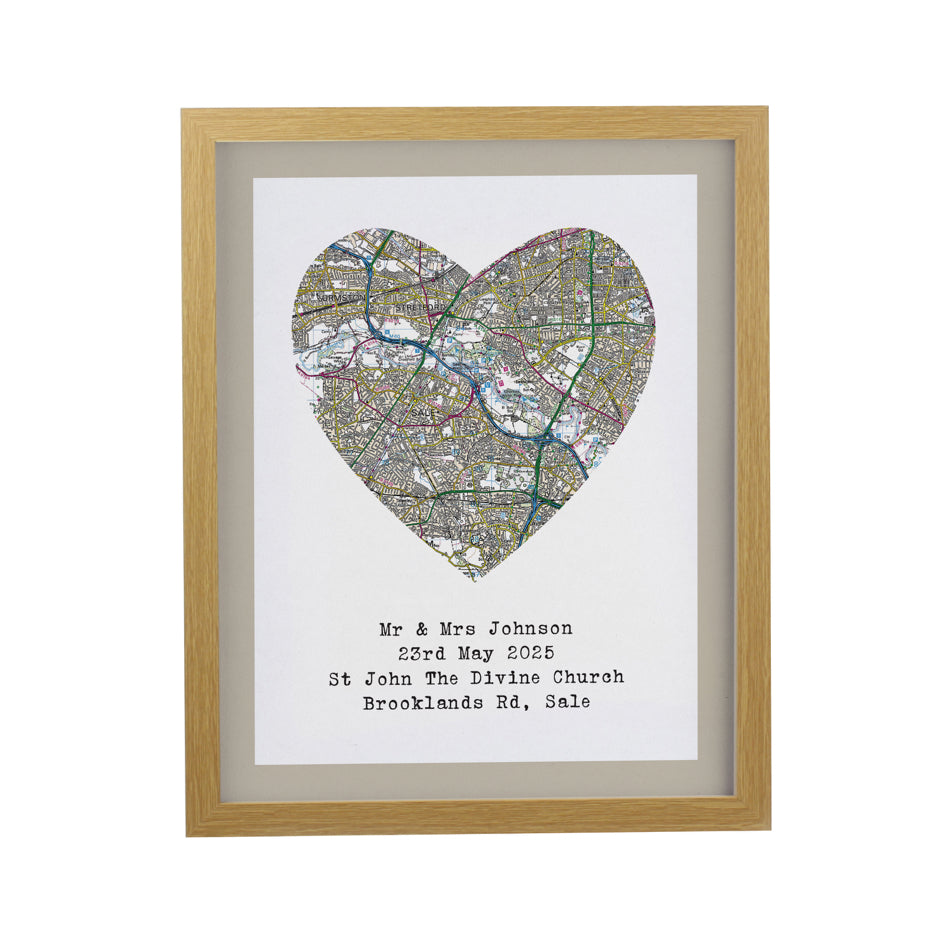 Personalised Present Day Map Heart Oak Poster Frame