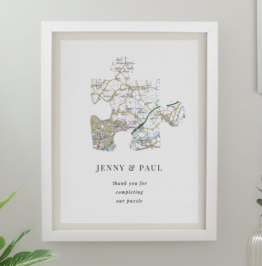 Personalised Present Day Map Puzzle Piece White Poster Frame