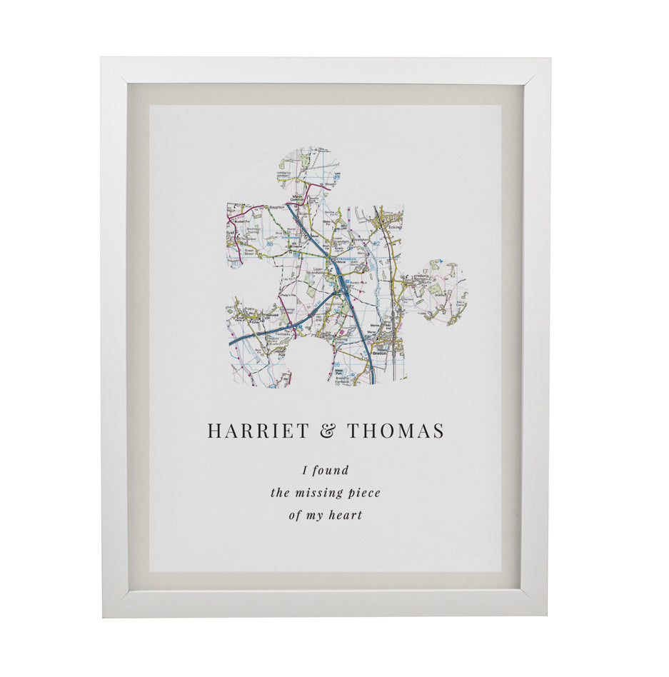 Personalised Present Day Map Puzzle Piece White Poster Frame