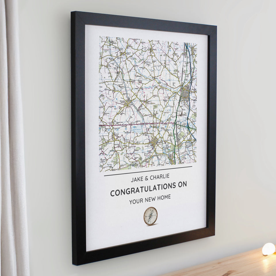 Personalised Present Day Map Compass Black Poster Frame