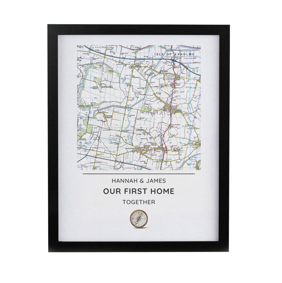 Personalised Present Day Map Compass Black Poster Frame