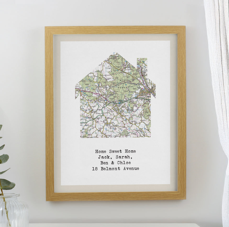 Personalised Present Day Map Home Oak Poster Frame