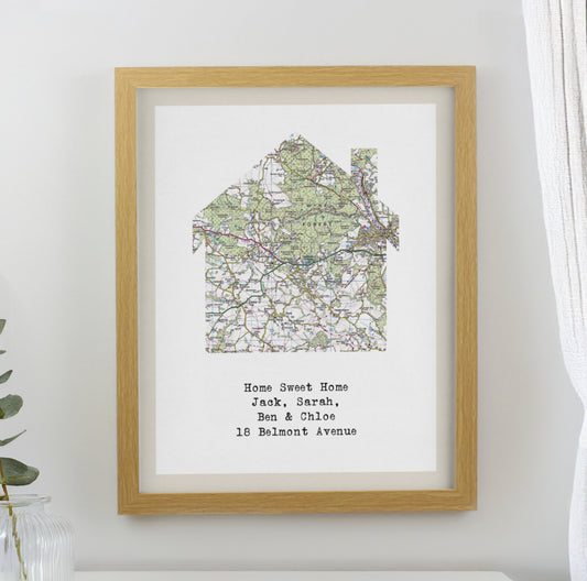 Personalised Present Day Map Home Oak Poster Frame