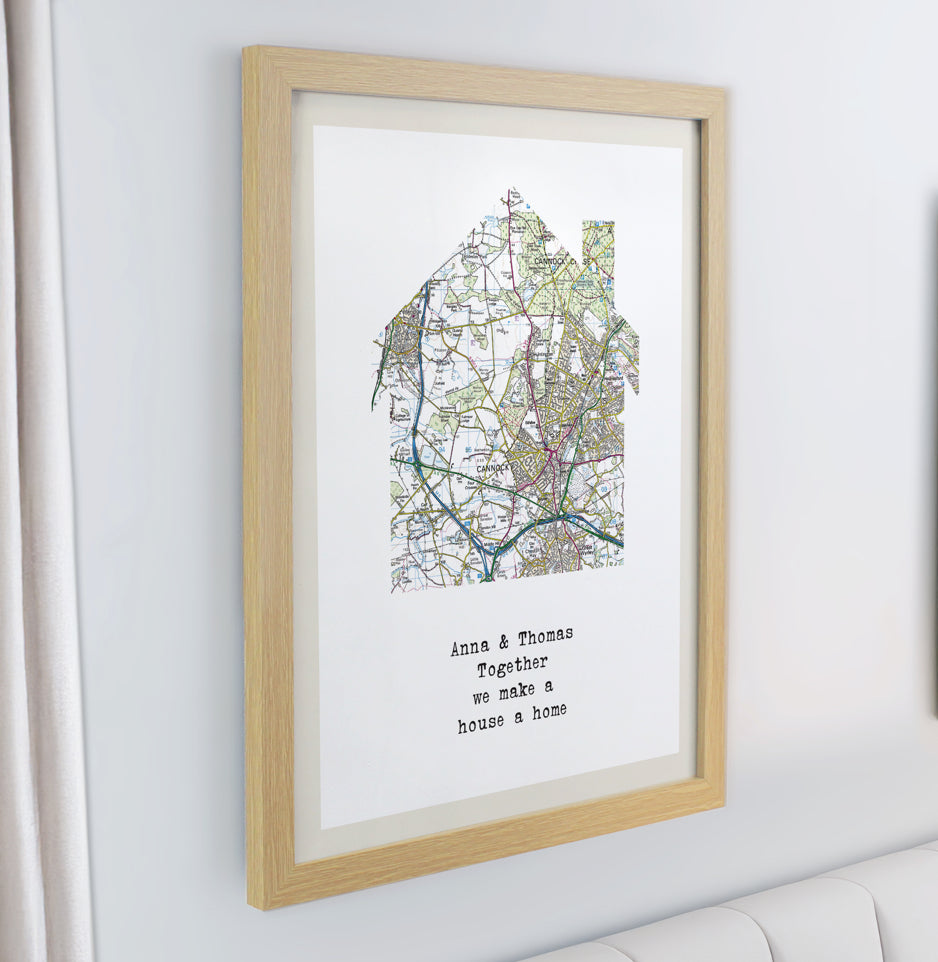 Personalised Present Day Map Home Oak Poster Frame