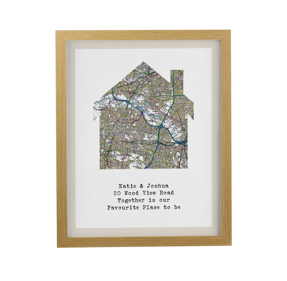 Personalised Present Day Map Home Oak Poster Frame