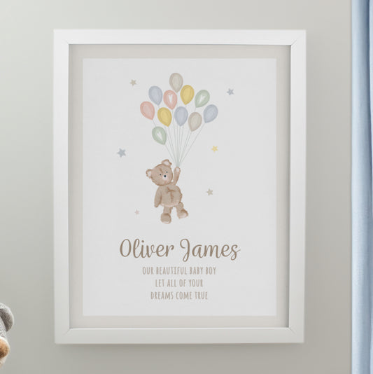 Personalised Teddy Balloon White Poster Frame