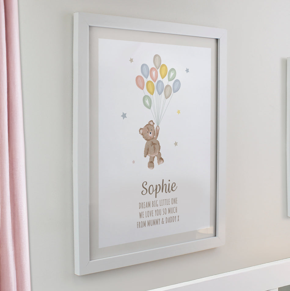 Personalised Teddy Balloon White Poster Frame