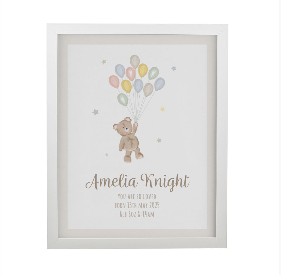 Personalised Teddy Balloon White Poster Frame