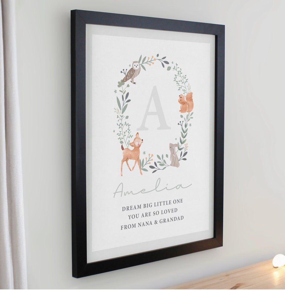 Personalised Woodland Initial Black Poster Frame