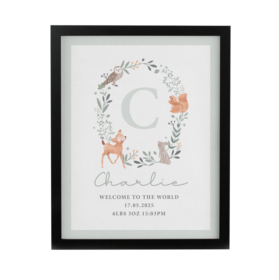 Personalised Woodland Initial Black Poster Frame