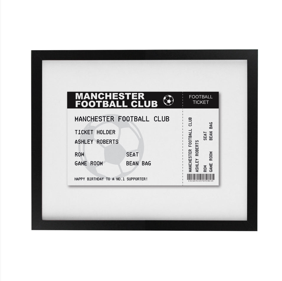 Personalised Football Ticket Black Poster Frame