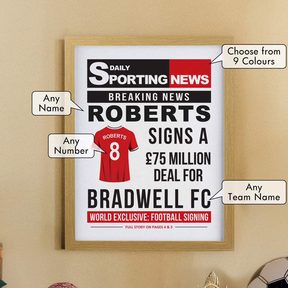 Personalised Football News Oak Poster Frame