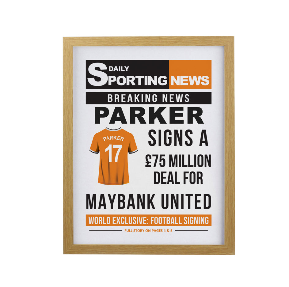 Personalised Football News Oak Poster Frame