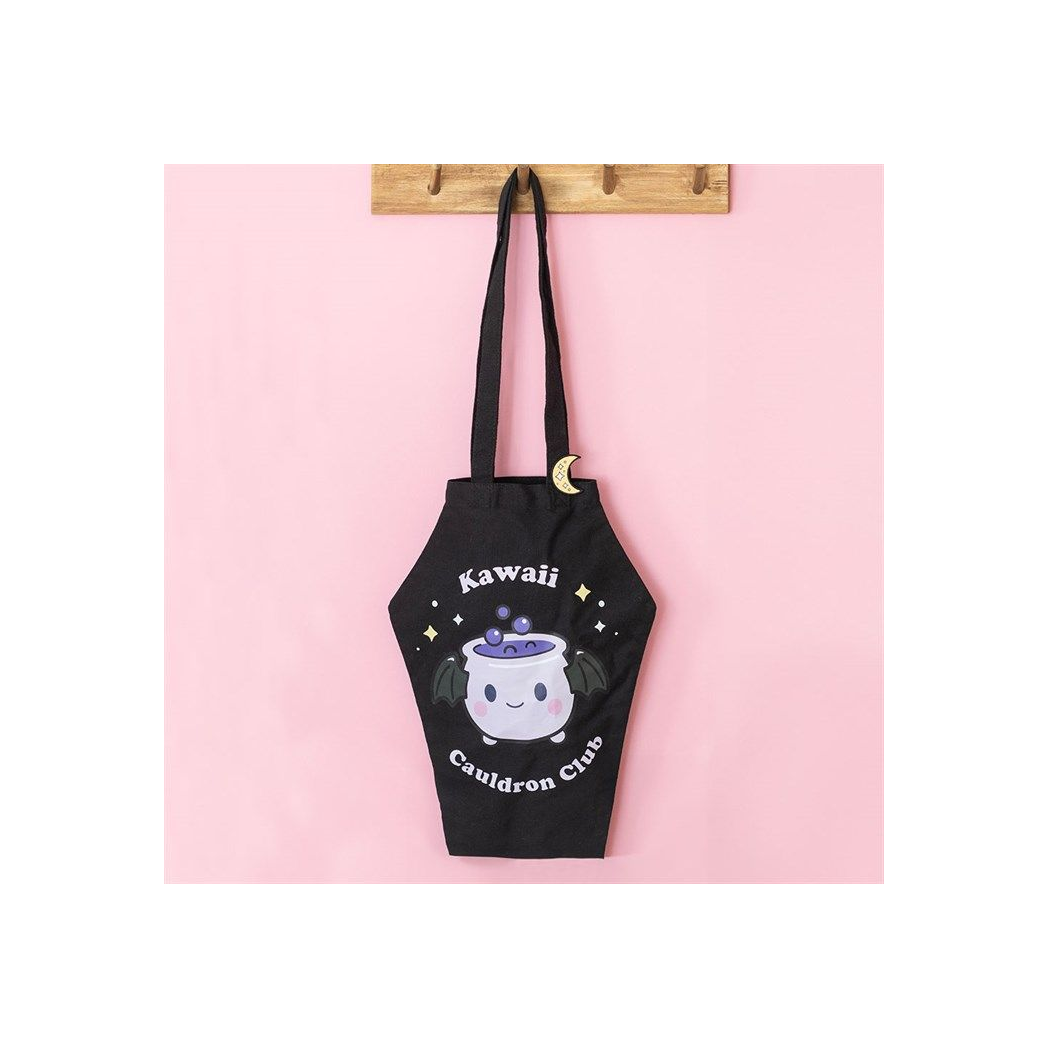 Kawaii Cauldron Club Coffin Shaped Tote Bag with Enamel Pin Badge
