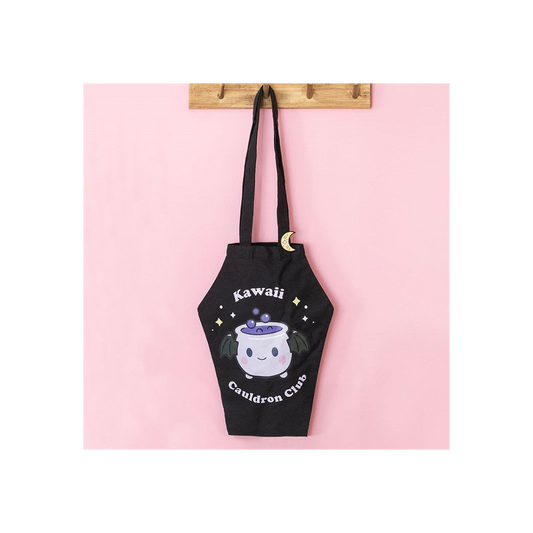 Kawaii Cauldron Club Coffin Shaped Tote Bag with Enamel Pin Badge