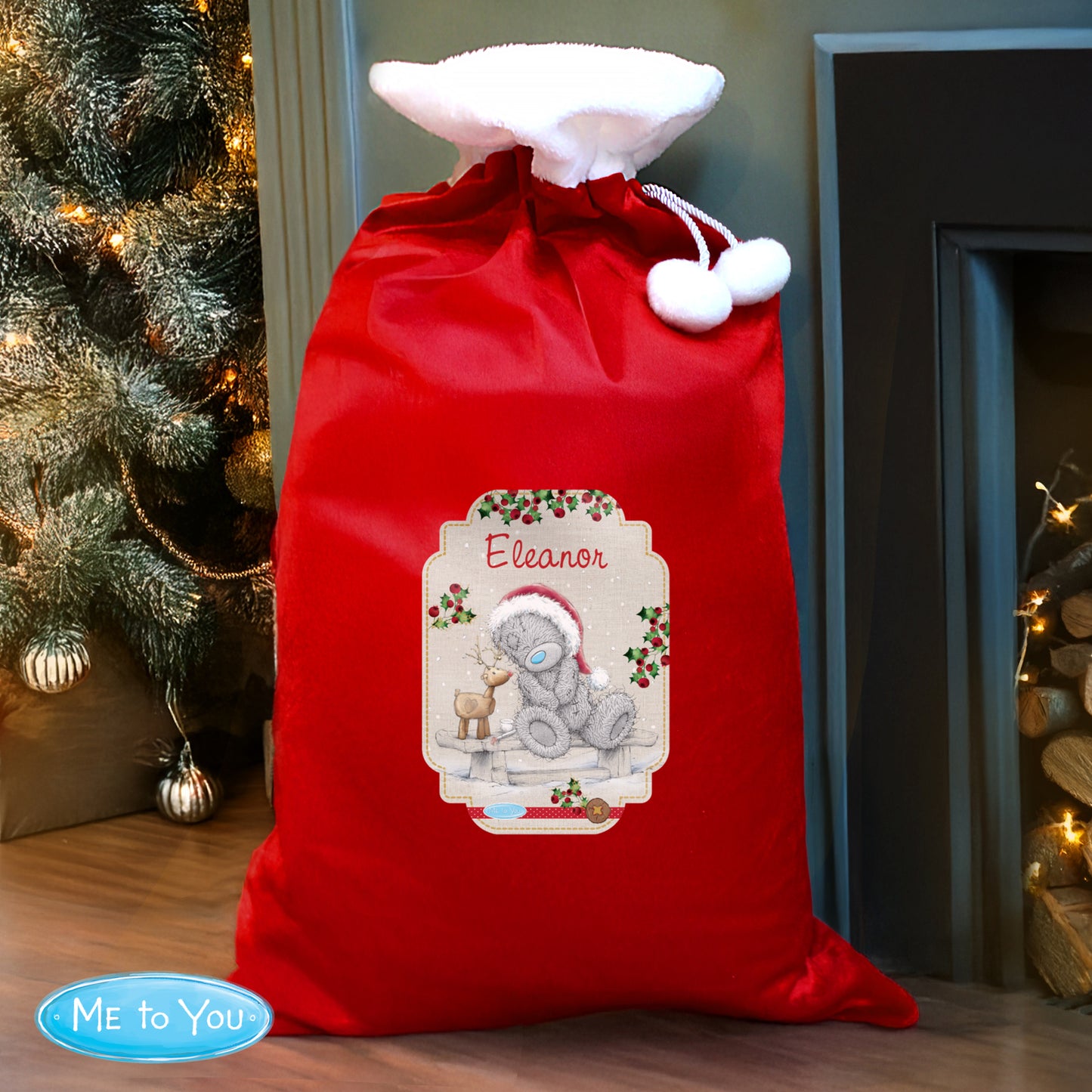 Personalised Me to You Reindeer Luxury Pom Pom Red Sack
