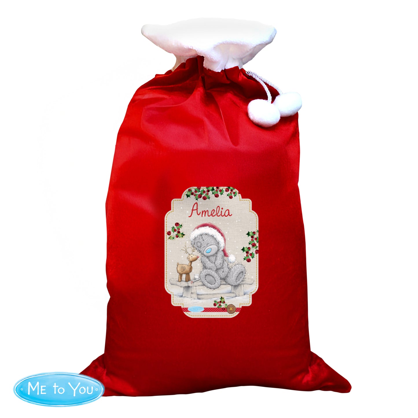Personalised Me to You Reindeer Luxury Pom Pom Red Sack