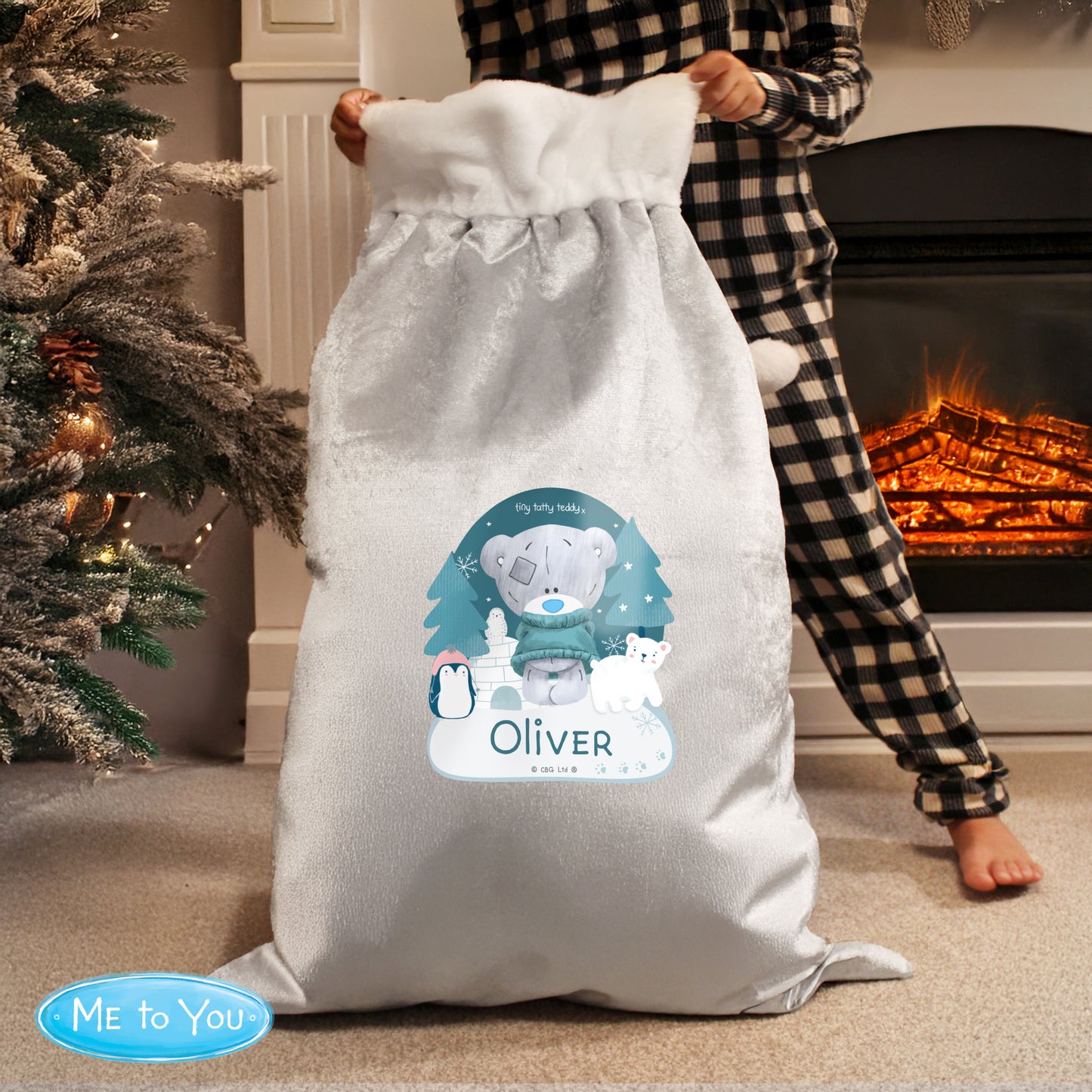 Personalised Winter Explorer Tiny Tatty Teddy Luxury Silver Grey Pom Pom Sack