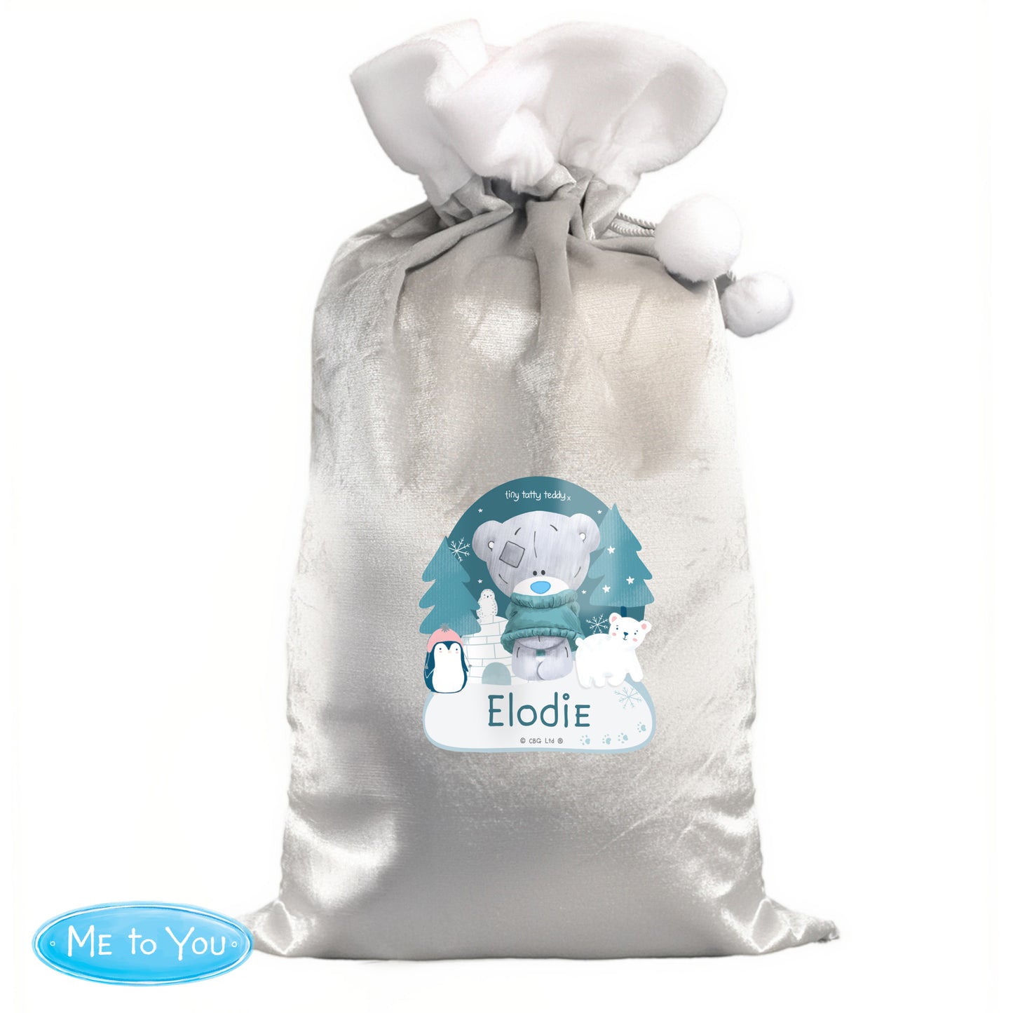 Personalised Winter Explorer Tiny Tatty Teddy Luxury Silver Grey Pom Pom Sack