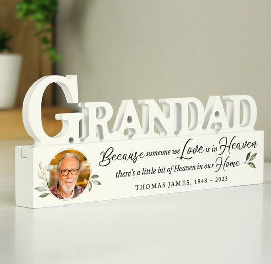 Personalised Botanical Memorial Photo Upload Wooden Grandad Ornament