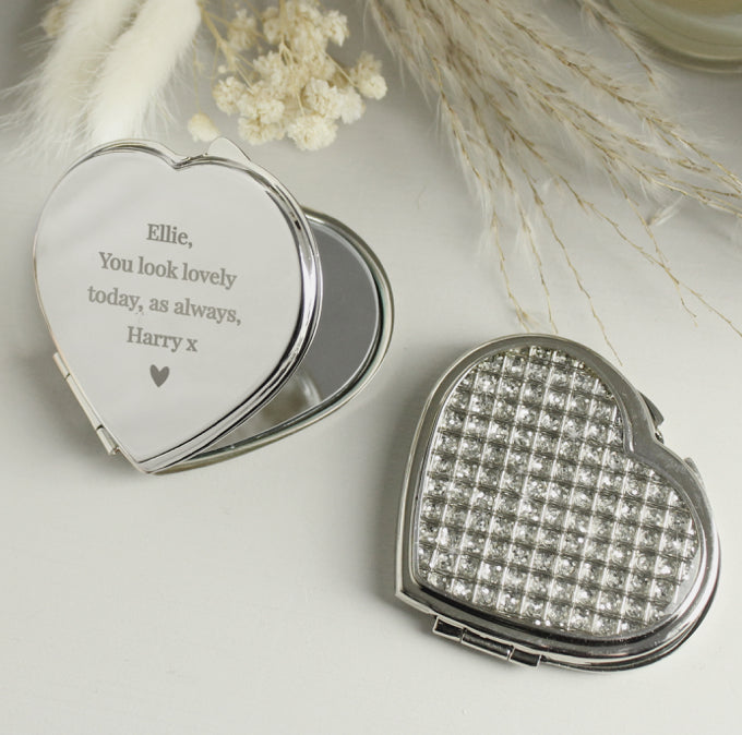 Personalised Diamante Heart Compact Mirror