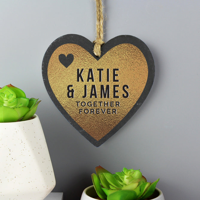 Personalised Couples Gold Printed Slate Heart Decoration