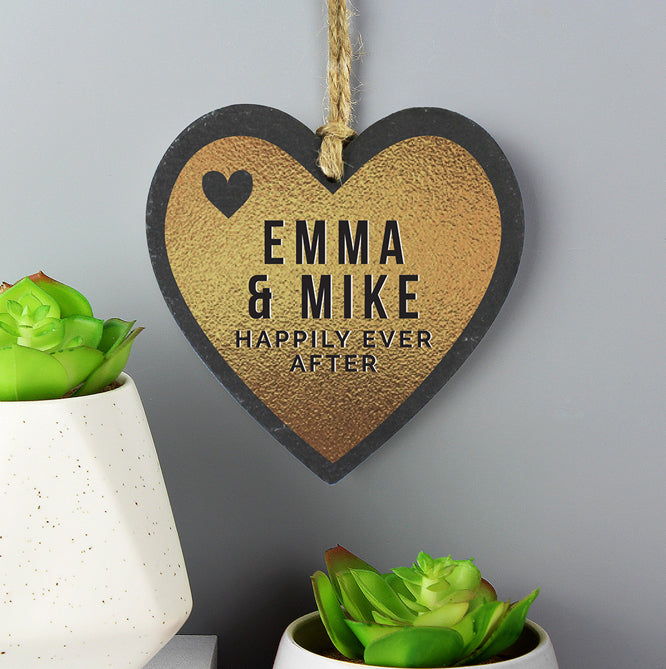 Personalised Couples Gold Printed Slate Heart Decoration