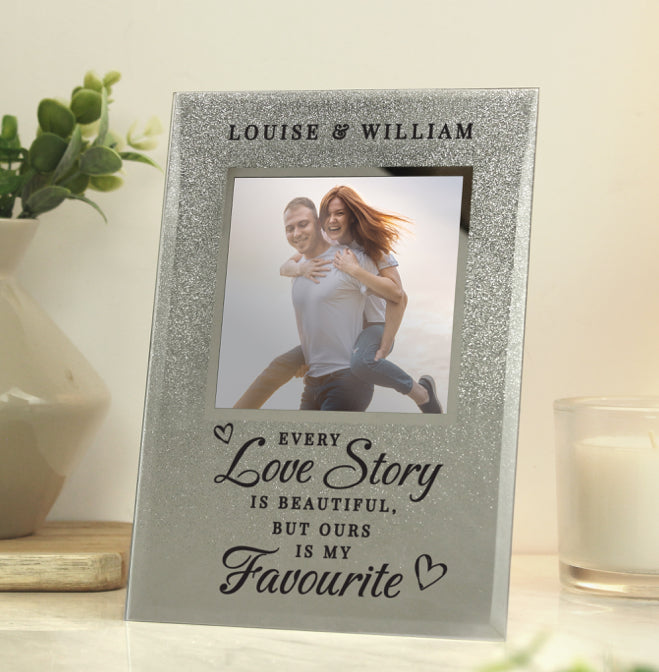 Personalised Every Love Story Is Beautiful 4x4 Glitter Glass Photo Frame