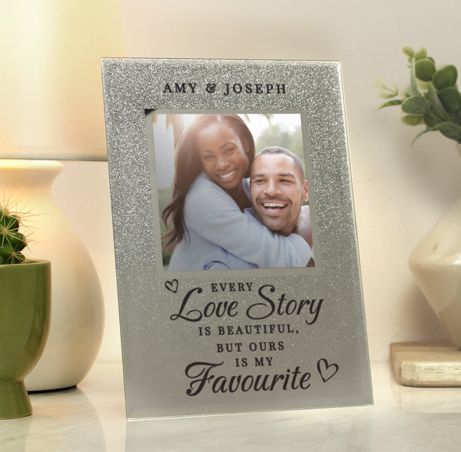 Personalised Every Love Story Is Beautiful 4x4 Glitter Glass Photo Frame