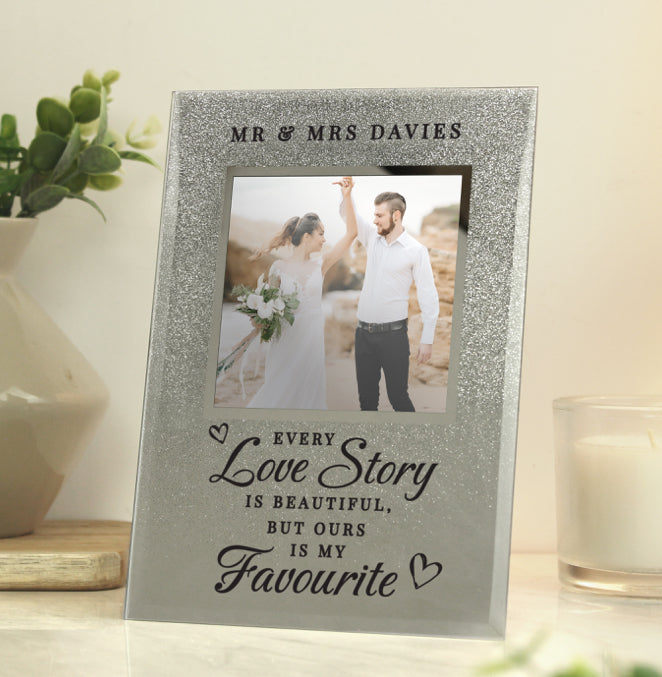 Personalised Every Love Story Is Beautiful 4x4 Glitter Glass Photo Frame