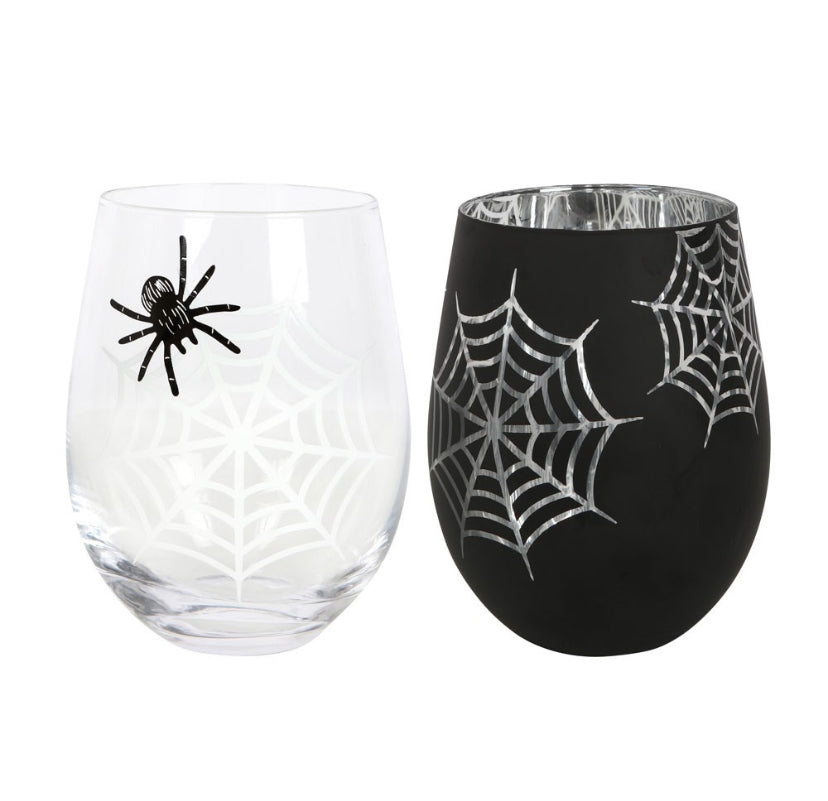 Set of 2 Spider and Web Stemless Wine Glasses