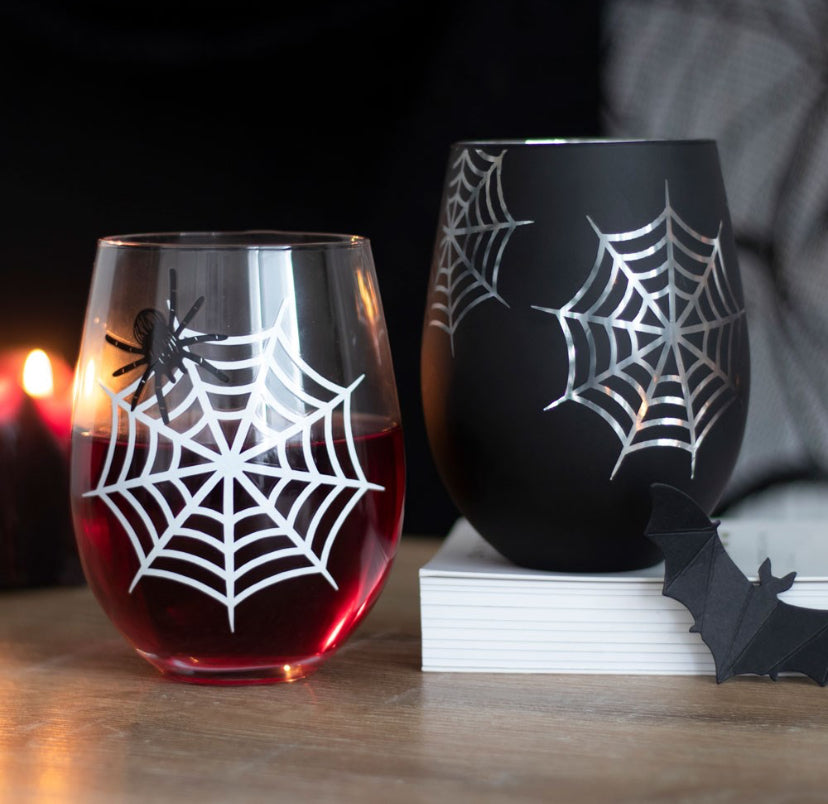 Set of 2 Spider and Web Stemless Wine Glasses